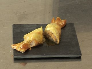 Bonbons de foie gras, poire au porto