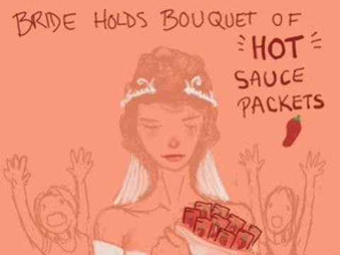 Headline DS - Bride Holds Bouquet of Hot Sauce Packets