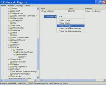Désactiver Windows Messenger via le registre