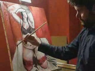 Portrait of my pregnant wife with red stockings