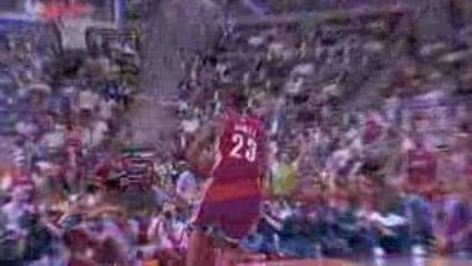 NBA LeBron goes coast to coast and finishes with a windmill