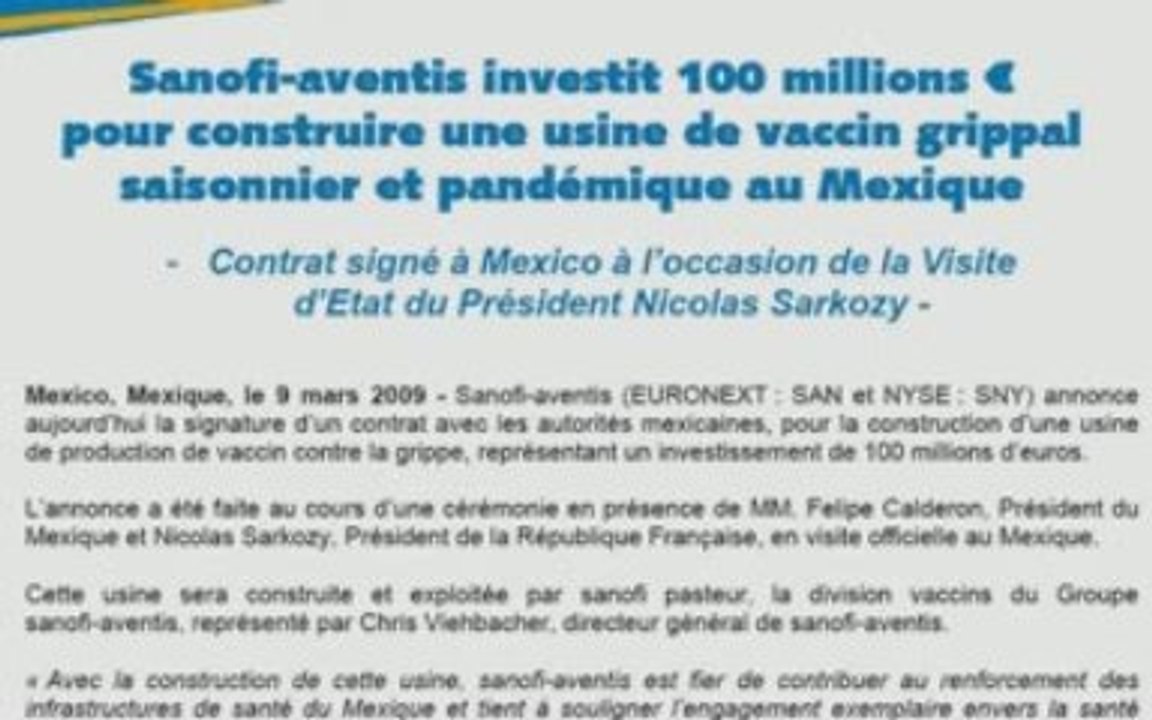 Grippe Mexicaine: SANOFI SAVAIT??? Contrat 9 Mars 2009...
